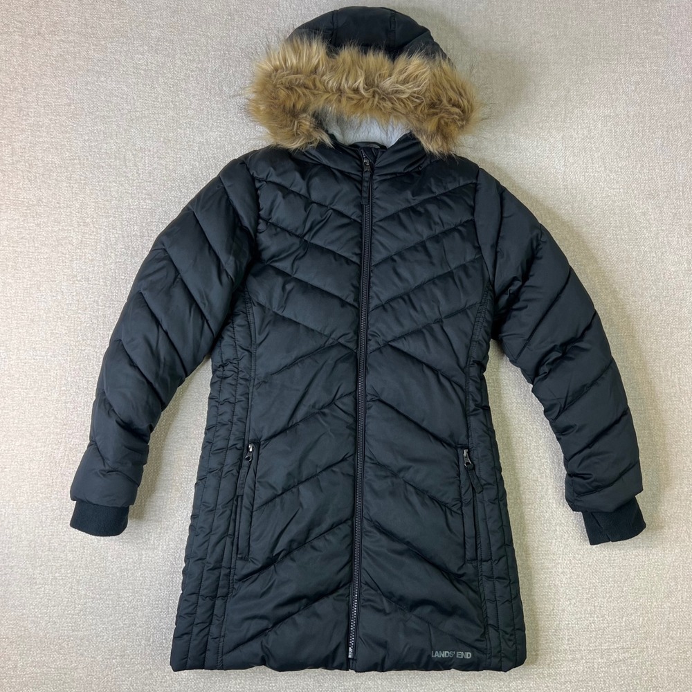 Lands End Kids Black Quilted Faux Fur Lined Parka Jacket Hooded Medium 10-12